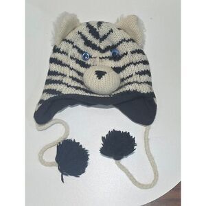 Delux Knit Wool Zebra Earflap Hat With Pom-Poms & Furry Ears For Kids